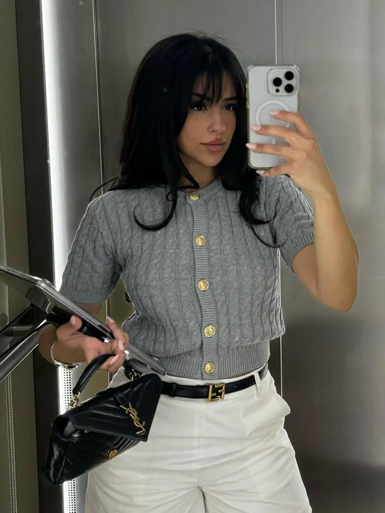 Twist Knitted Short Sleeve Sweater-Top