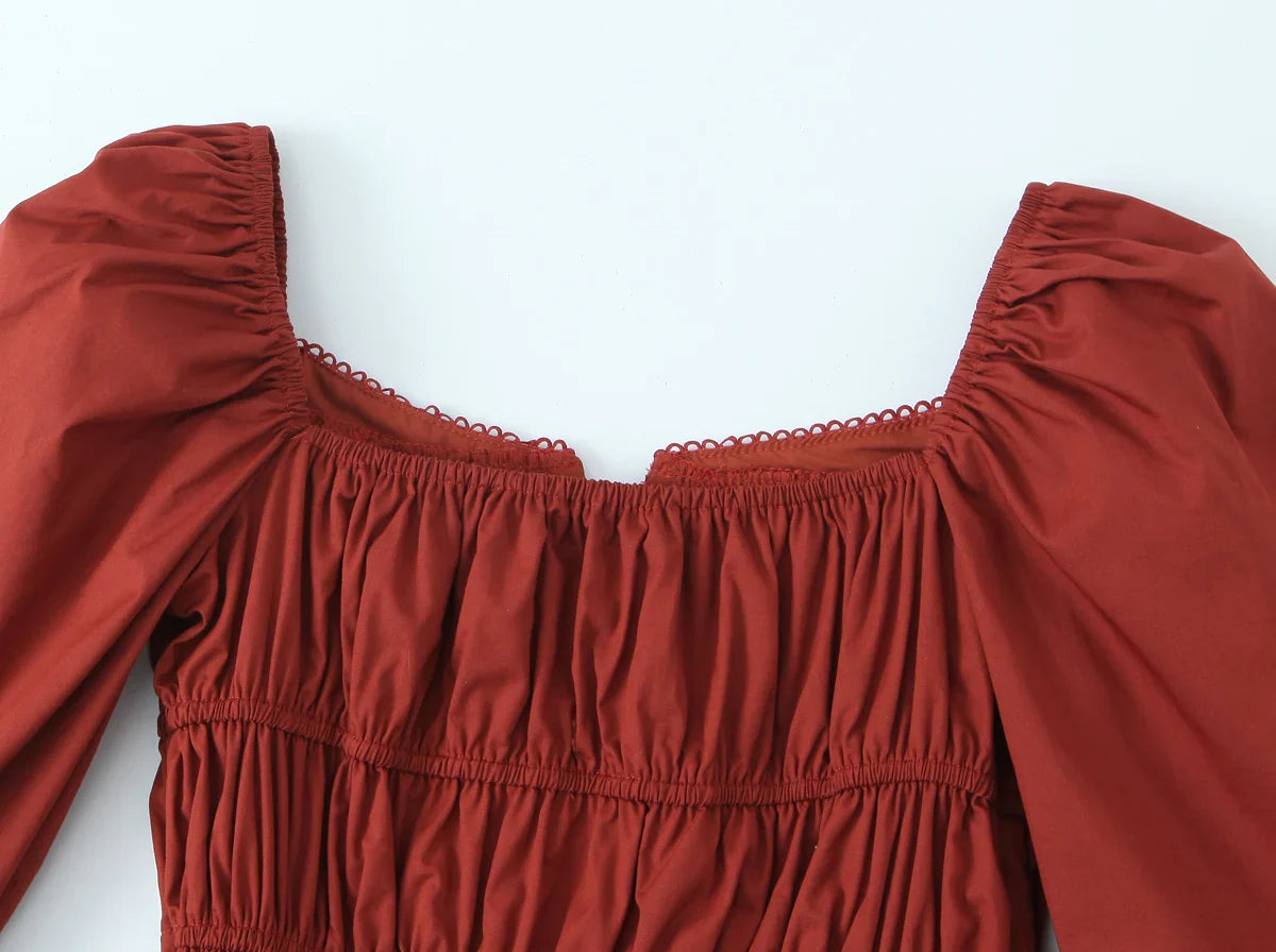 Bow Square Collar Puff Long Sleeve Elastic Waist Mini Dress