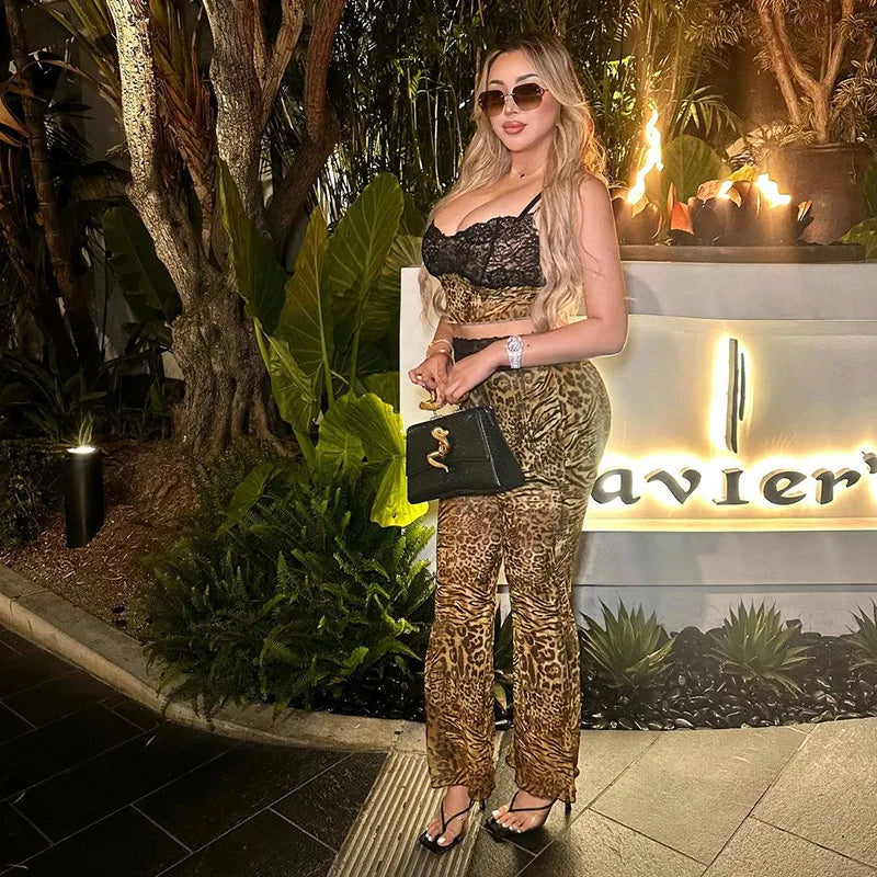 Leopard Print Two-Piece Cami Flare Pantsuit