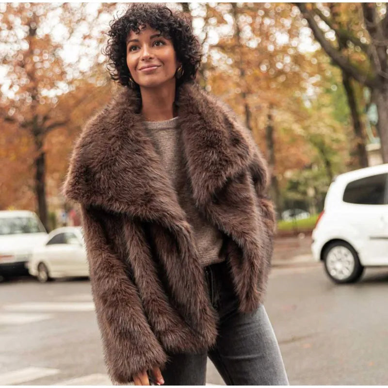 Faux Fur Lapel Fluffy Plush Warm Coat