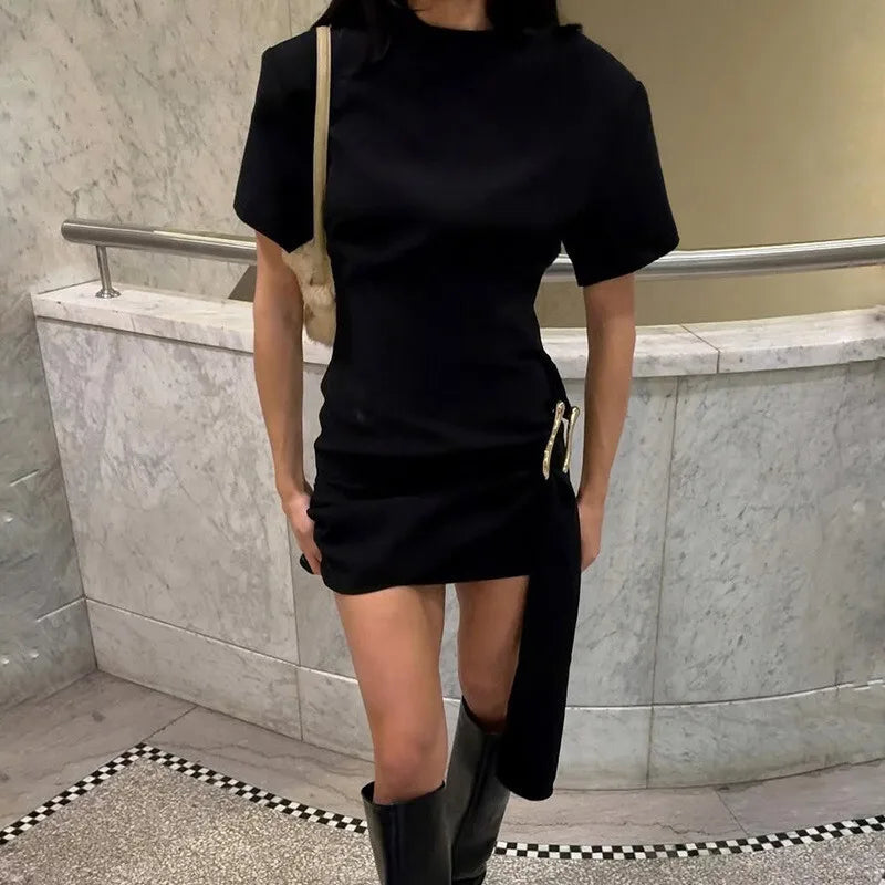 Short Sleeve Draped Black Metal Buckle Mini Dress