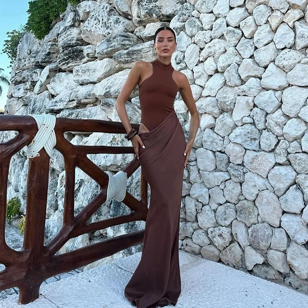 Satin Sleeveless High Neck Dress