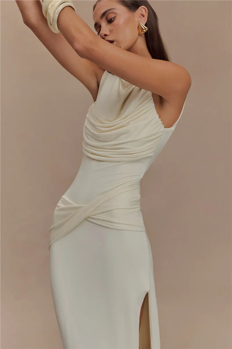 Backless Ruched O Neck Thigh High Split Long Dress