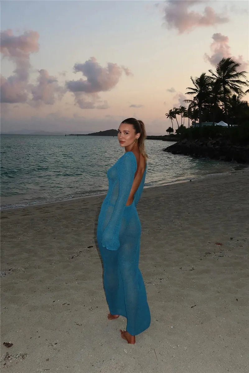 Hollow Backless Solid Knitted Dress