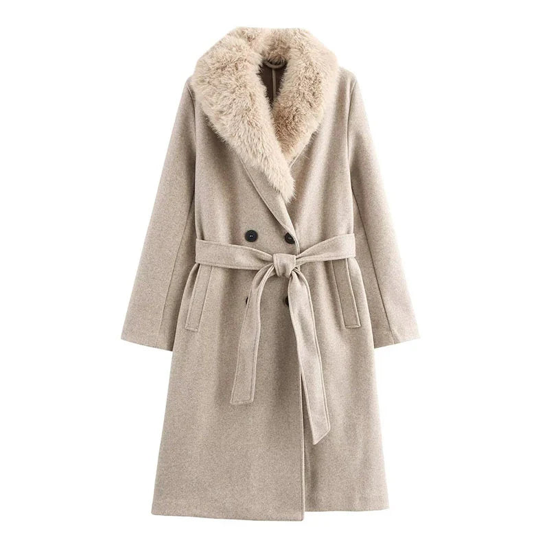 Wool Lace-Up Fur Lapel Thick Over Coat