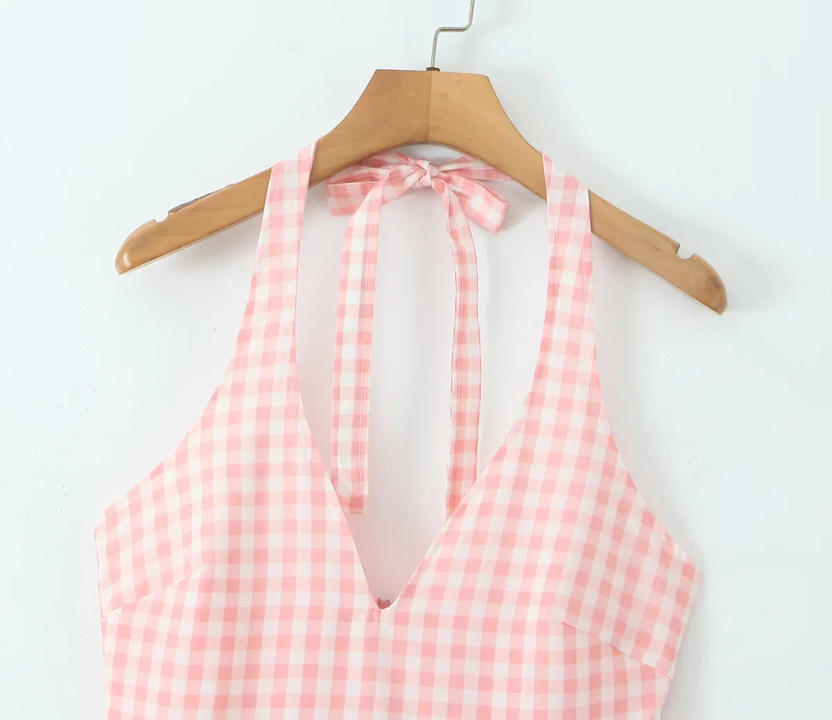 Pink White Plaid Bow Halter V Collar Midi Dress