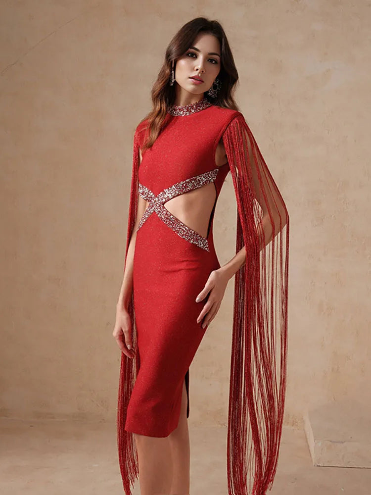 Fringe Sleeve Tassel Sequined Midi Dress