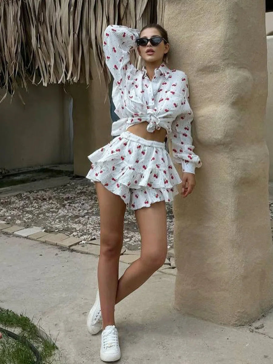 Ruffled Printed Long Sleeve Top and Shorts Sets