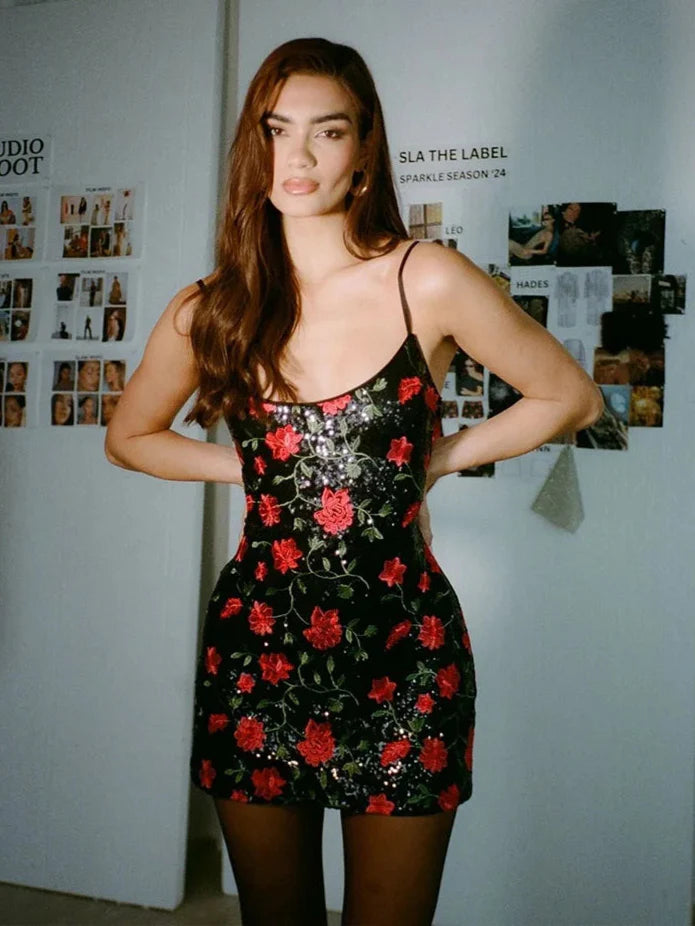 Rose Sequins Splice Sleeveless Mini Dress