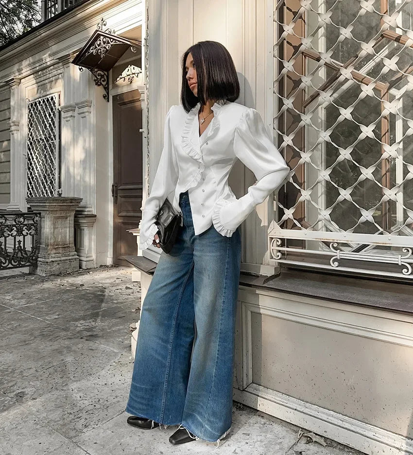 Women's White Ruffled Sleeve Cardigan Patchwork Blouse