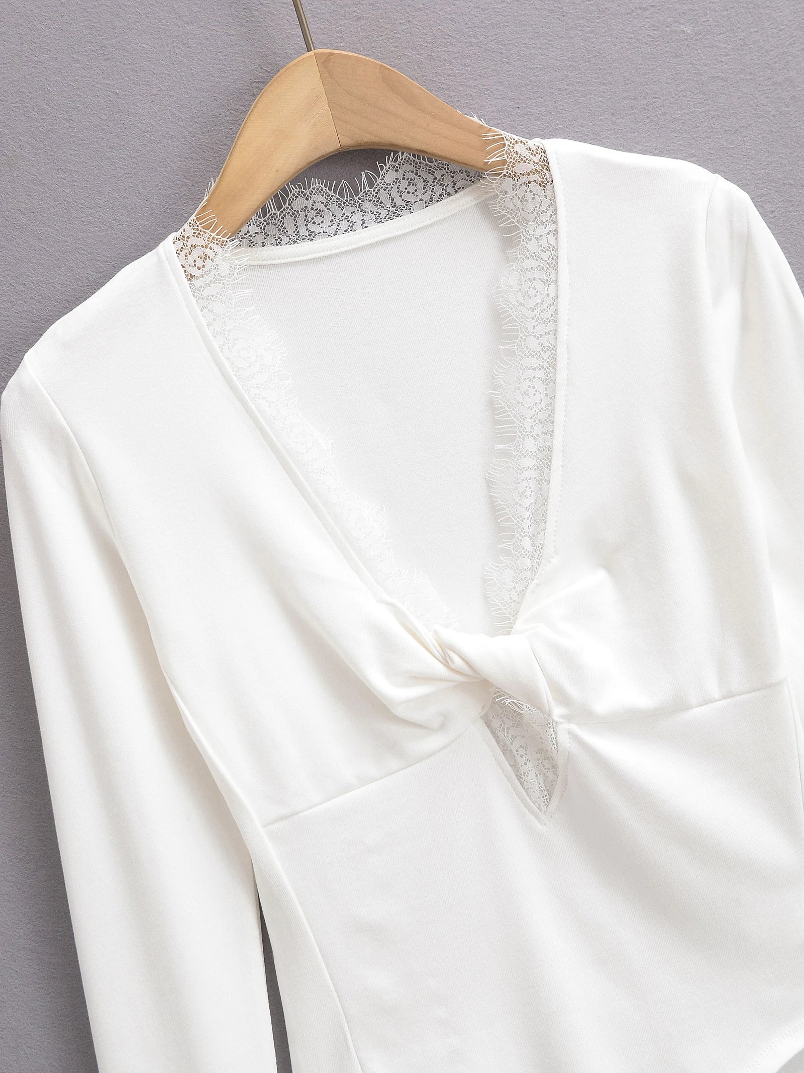 Spliced Lace Bow V neck Jersey Long Sleeve Bodysuit
