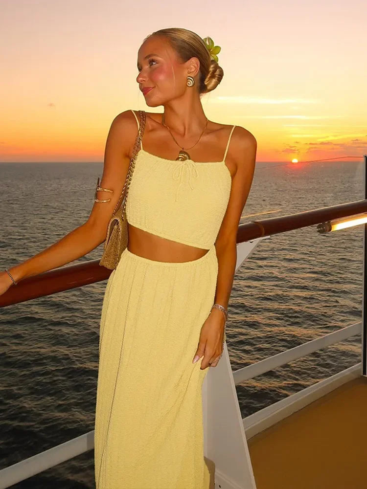 Lace Up Solid Color Open Back Long Dress