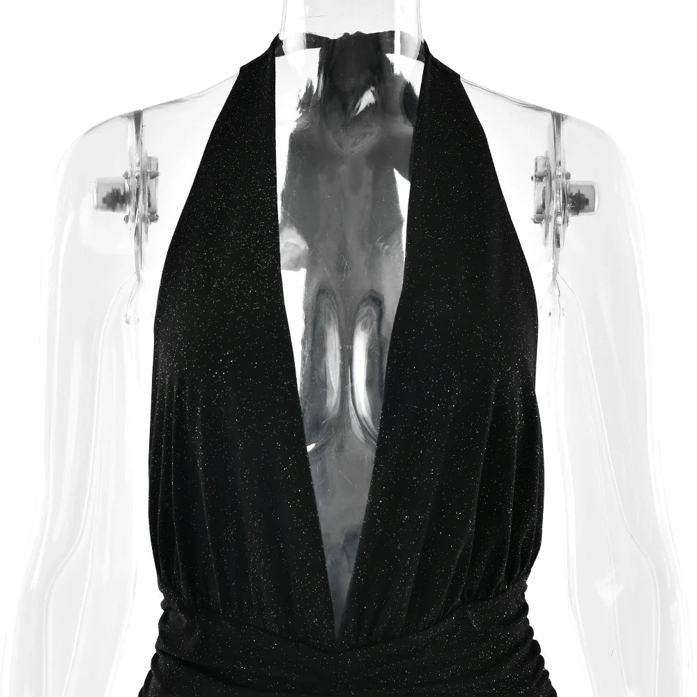 Glitter Bright Silk High Slit Halter Dress