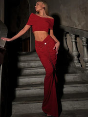 Solid Slash Neck Ankle-Length Skirt Suit