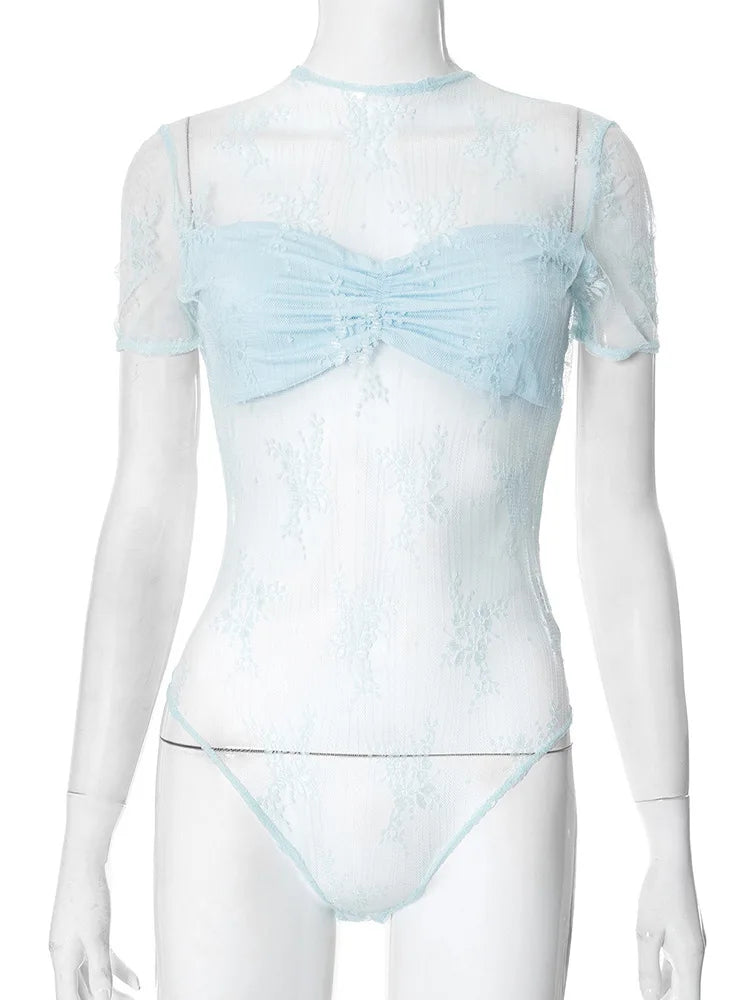 Sheer Lace Patchwork Bodysuit Top For Women