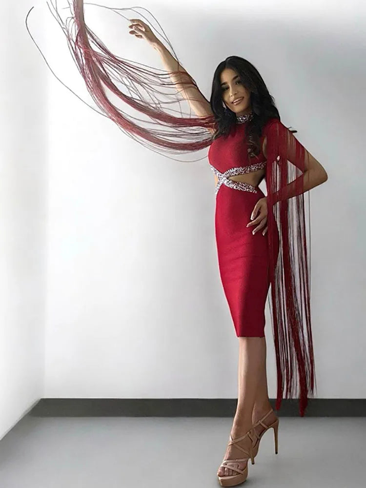 Fringe Sleeve Tassel Sequined Midi Dress