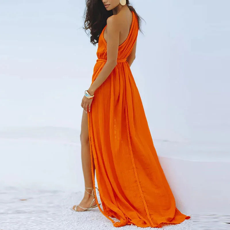 Solid Split Pleated Bandage Long Dress