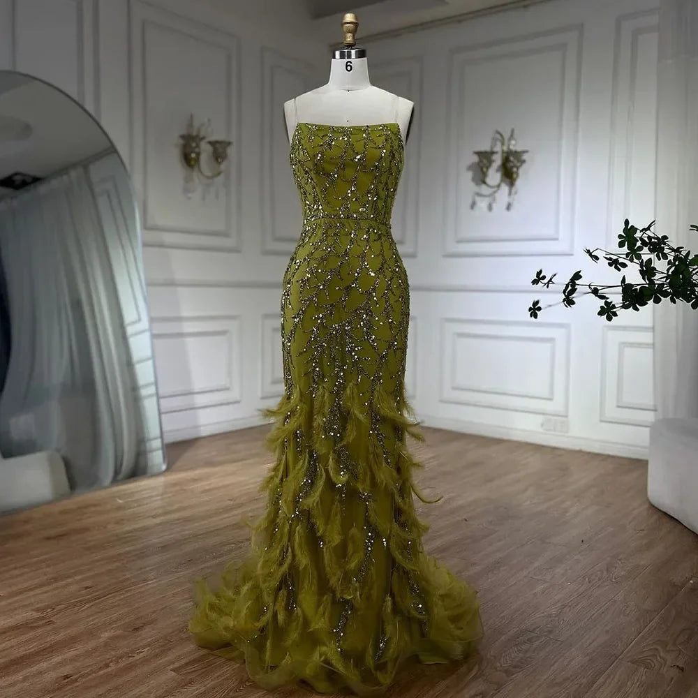 Spaghetti Strap Mermaid Feathers Beaded Prom Dress