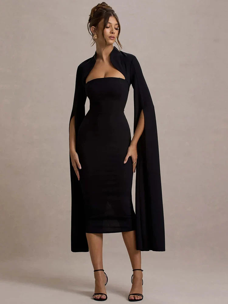 Cape Long Sleeve Square Collar Midi Dress