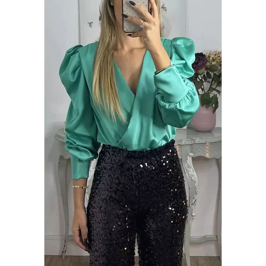 Satin Puff Long Sleeve Pleated Ruffled Tops