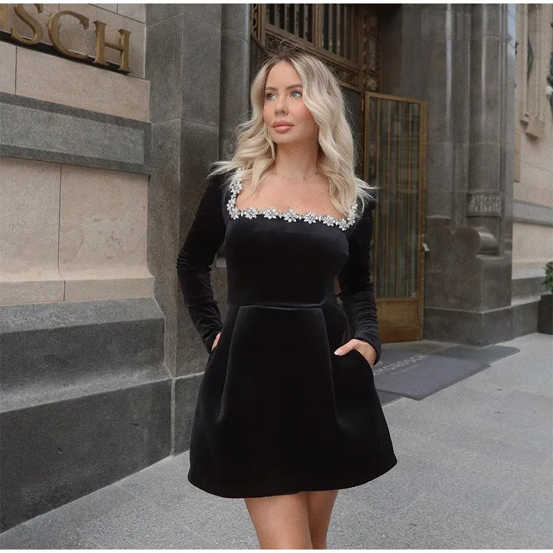 Black Rhinestone Velvet Mini Dress