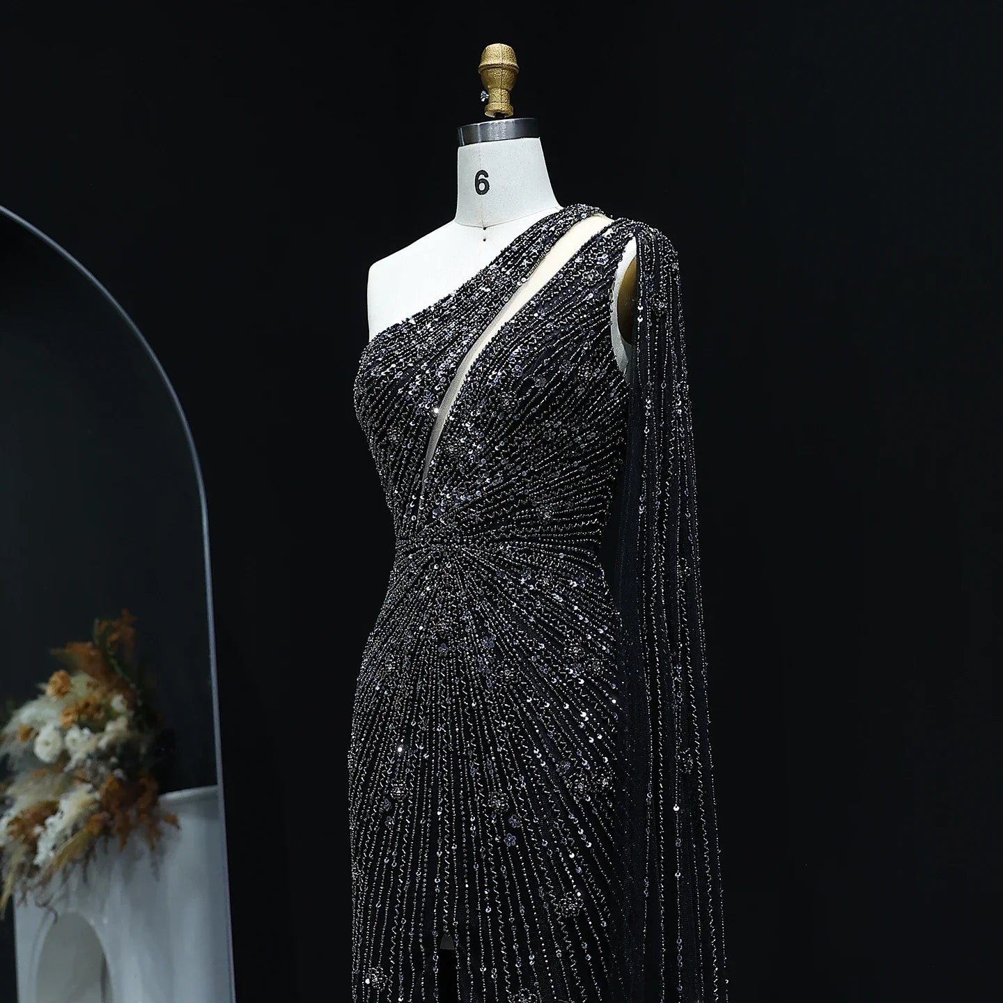 One Shoulder Beaded Mermaid Black Evening Gown with Flowing Cape