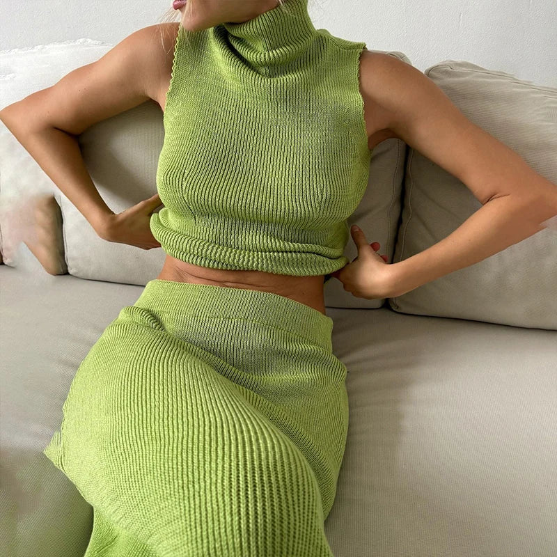 Solid Tank Top And Midi Skirt Knitted 2pcs Set