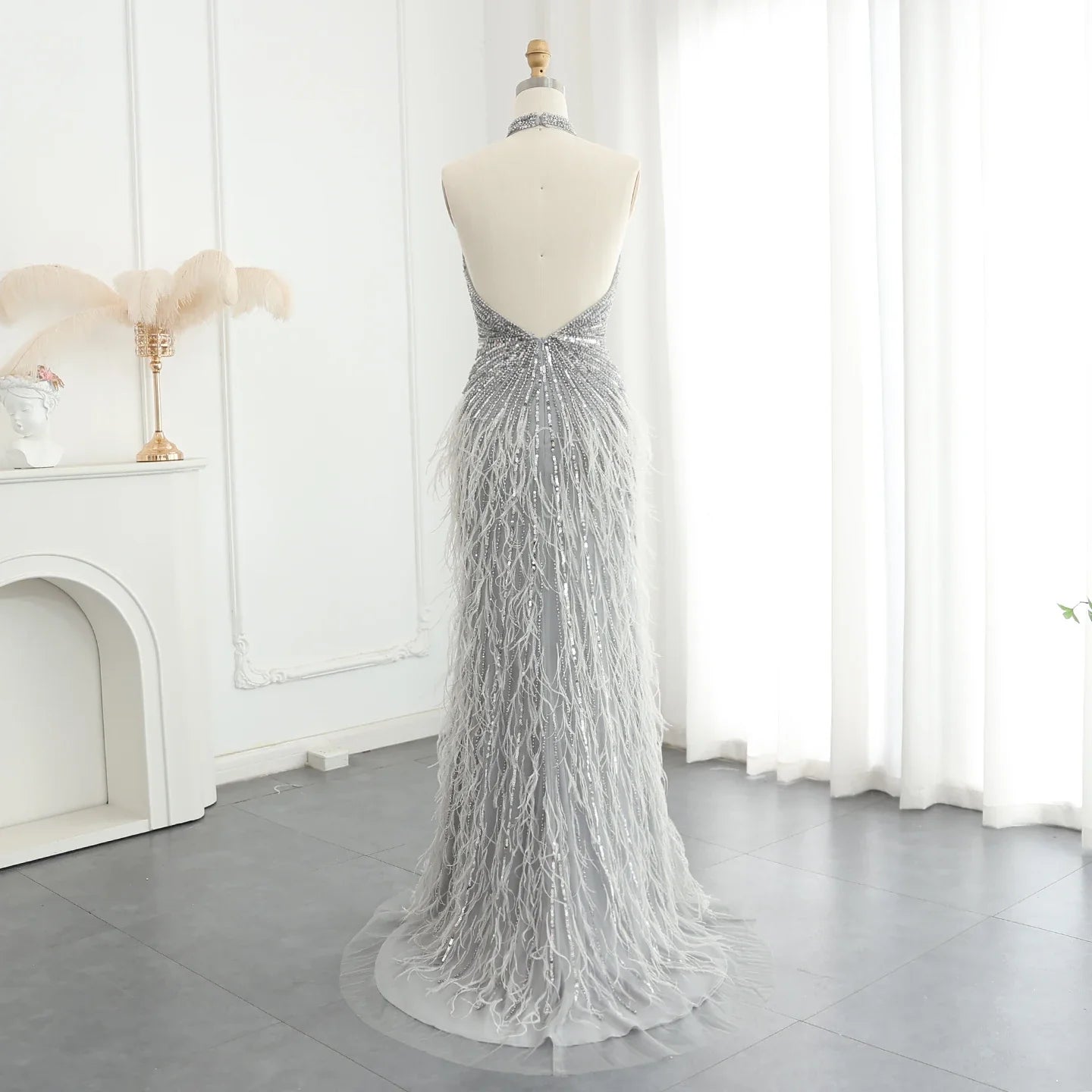 Beaded Feathers Mermaid Halter Backless Gown