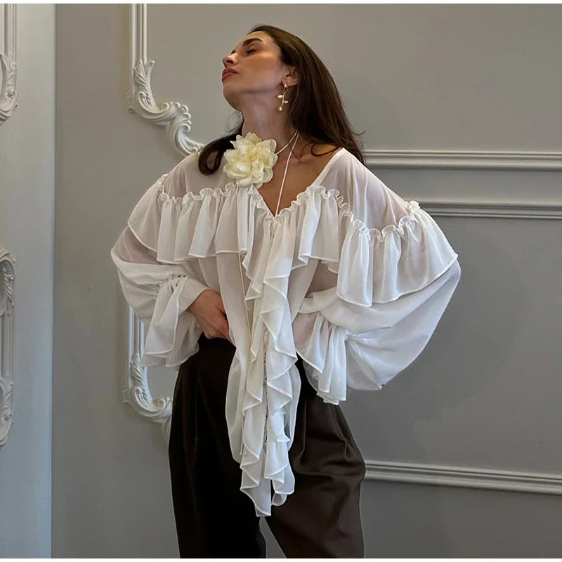 See Through Solid Long Sleeved Ruffles Tops