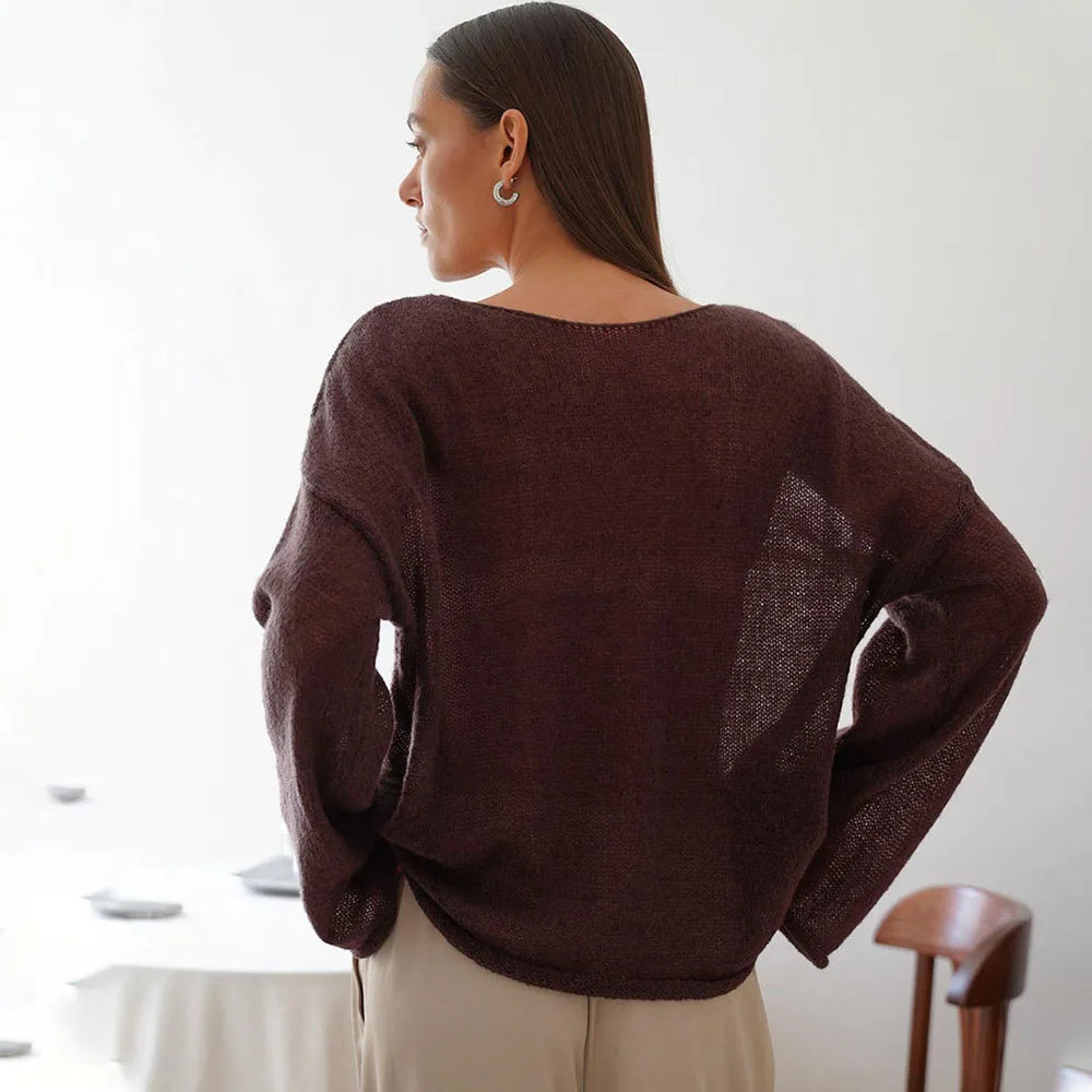 Hollow Solid See-through Long Sleeve Knitted Top