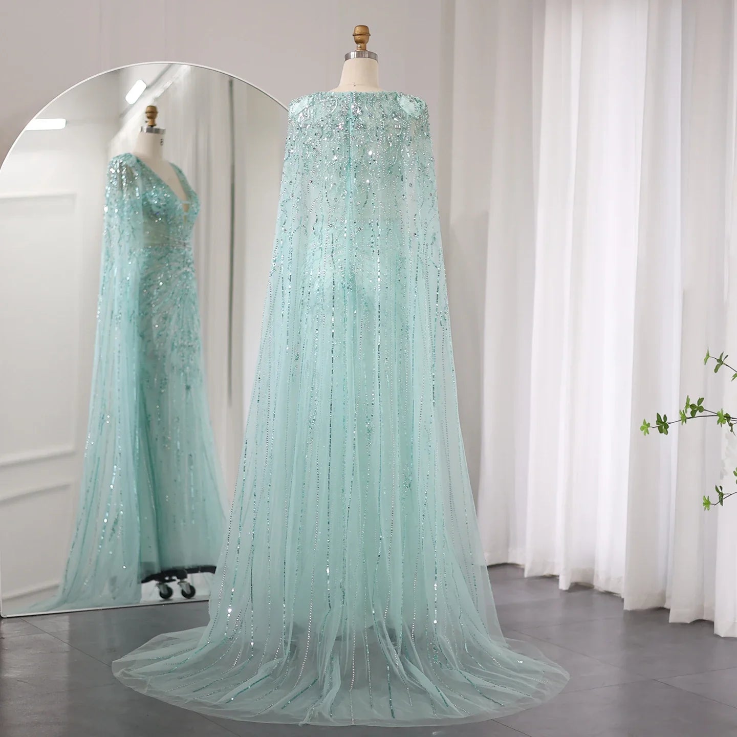 Silver-Gray Mermaid Evening Gown with Cape