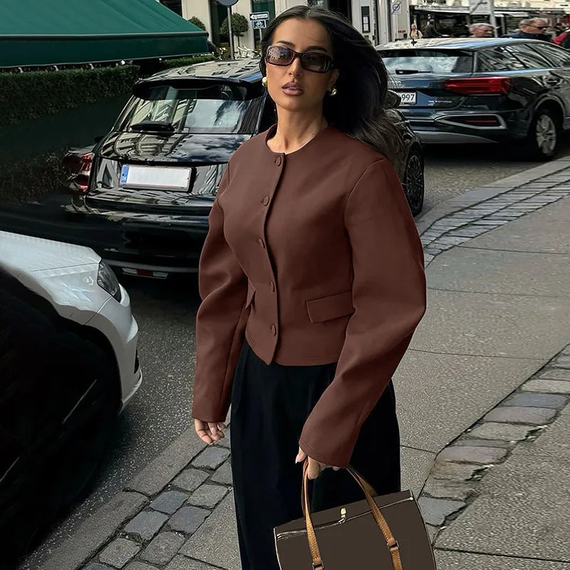 Round Neck Long Sleeve Jacket Mini Skirt Suit