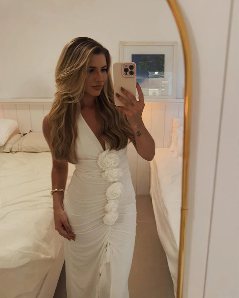 White Floral Halter Sleeveless Ruffled Long Dress