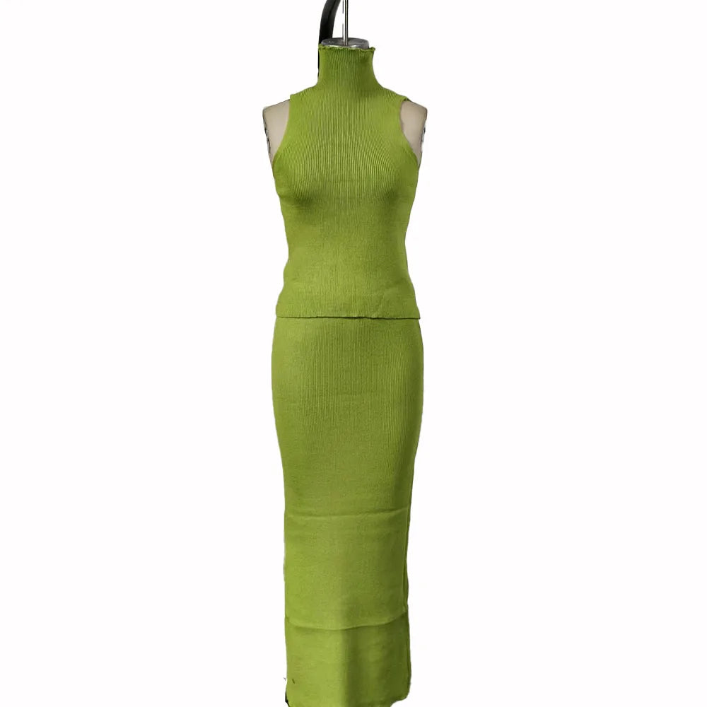 High Neck Knitting Top and Solid Long Skirt Suit