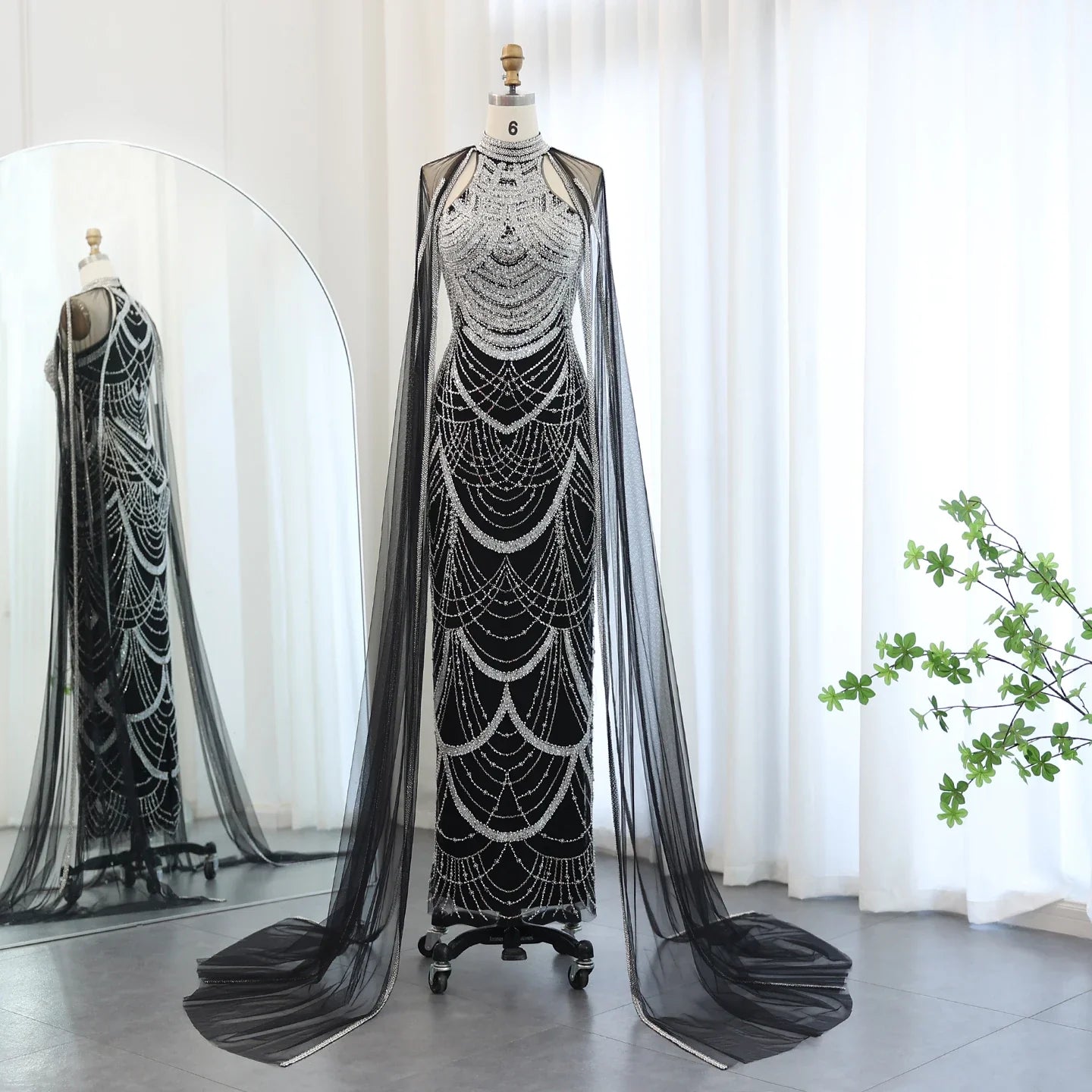 Black Evening Gown with Cape Sleeves