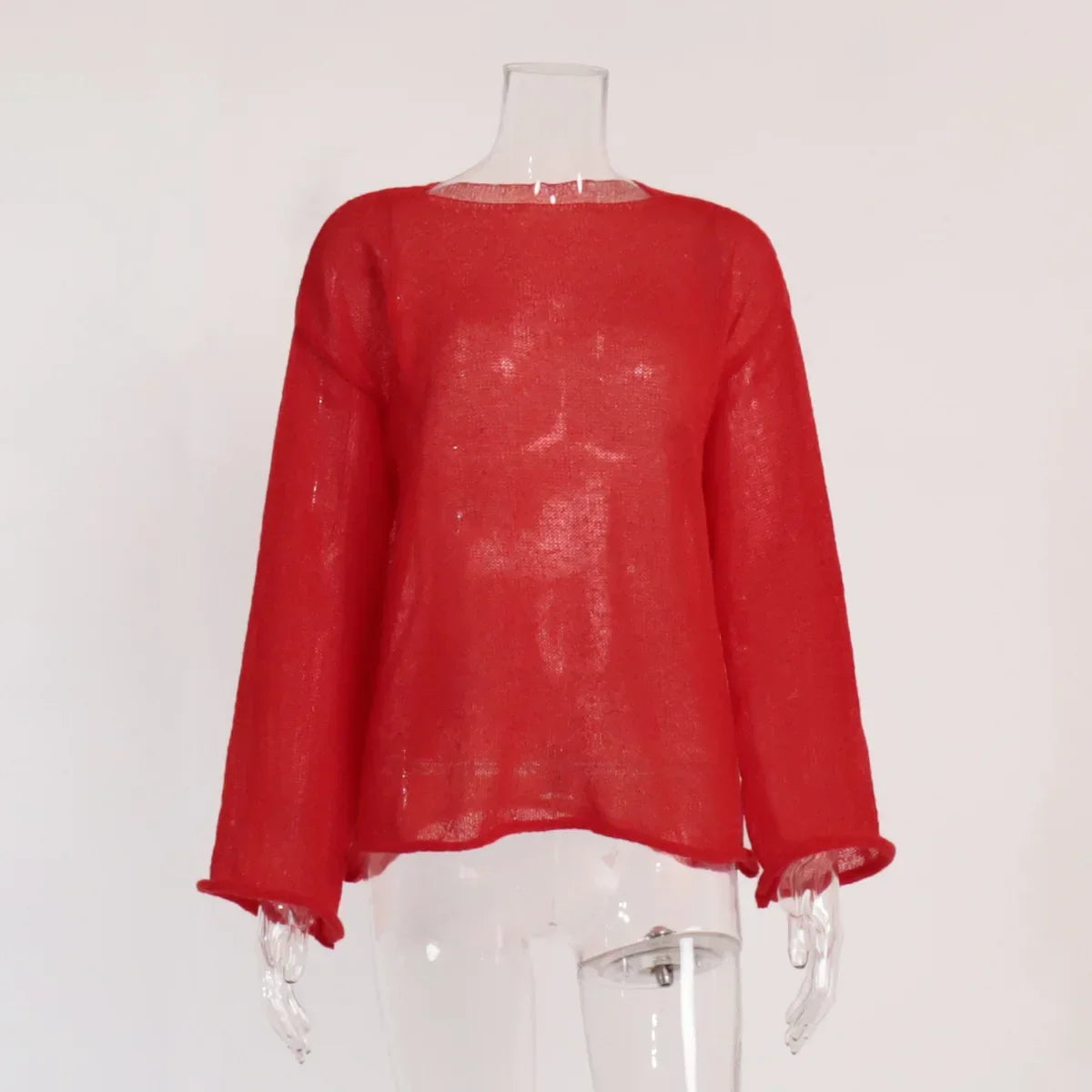 Hollow Solid See-through Long Sleeve Knitted Top