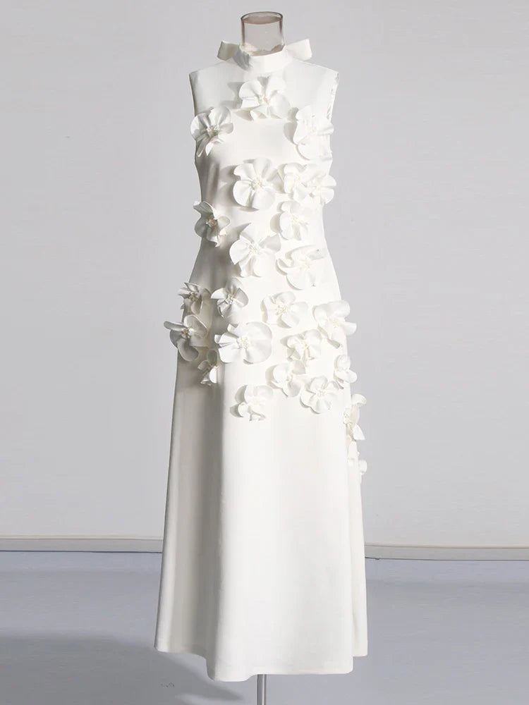 3D Flower Appliqué Mock Neck Midi Dress