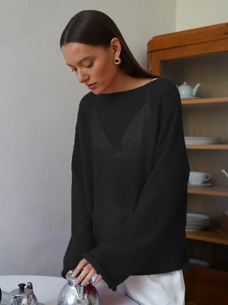 Hollow Solid See-through Long Sleeve Knitted Top