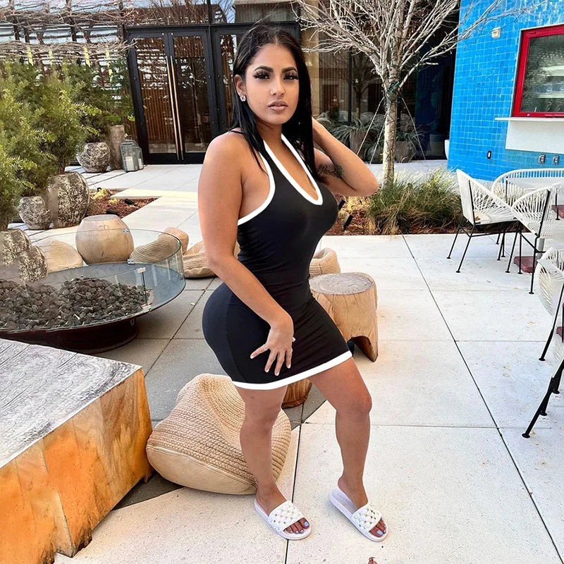 Contrast Open Back Halter Neck Mini Dress