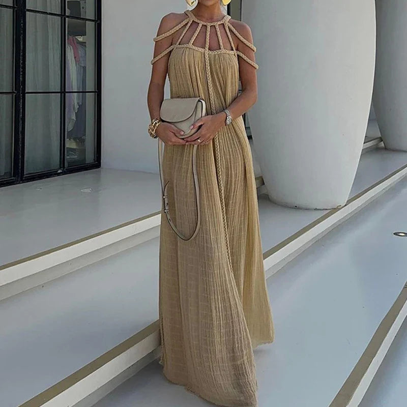 Solid Split Pleated Bandage Long Dress