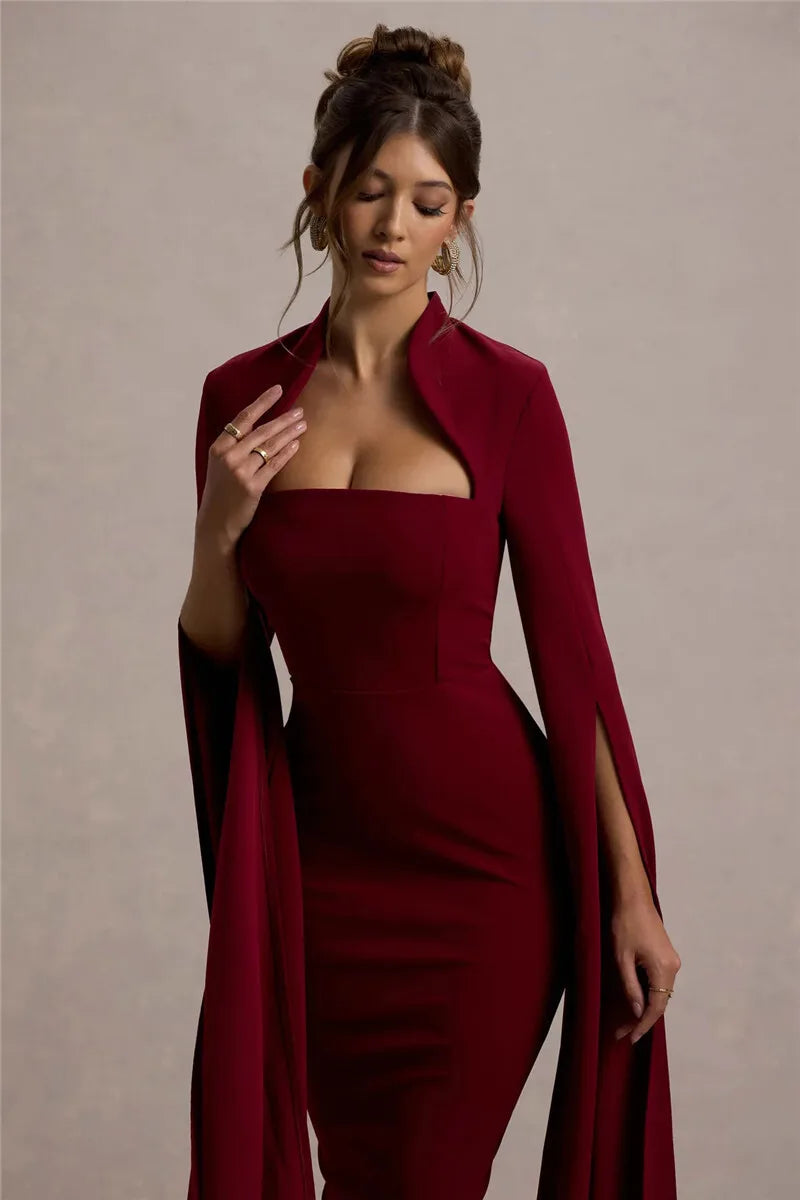 Cape Long Sleeve Square Collar Midi Dress