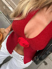 Halter Neck Sleeveless 3D Flower Solid Crop Top