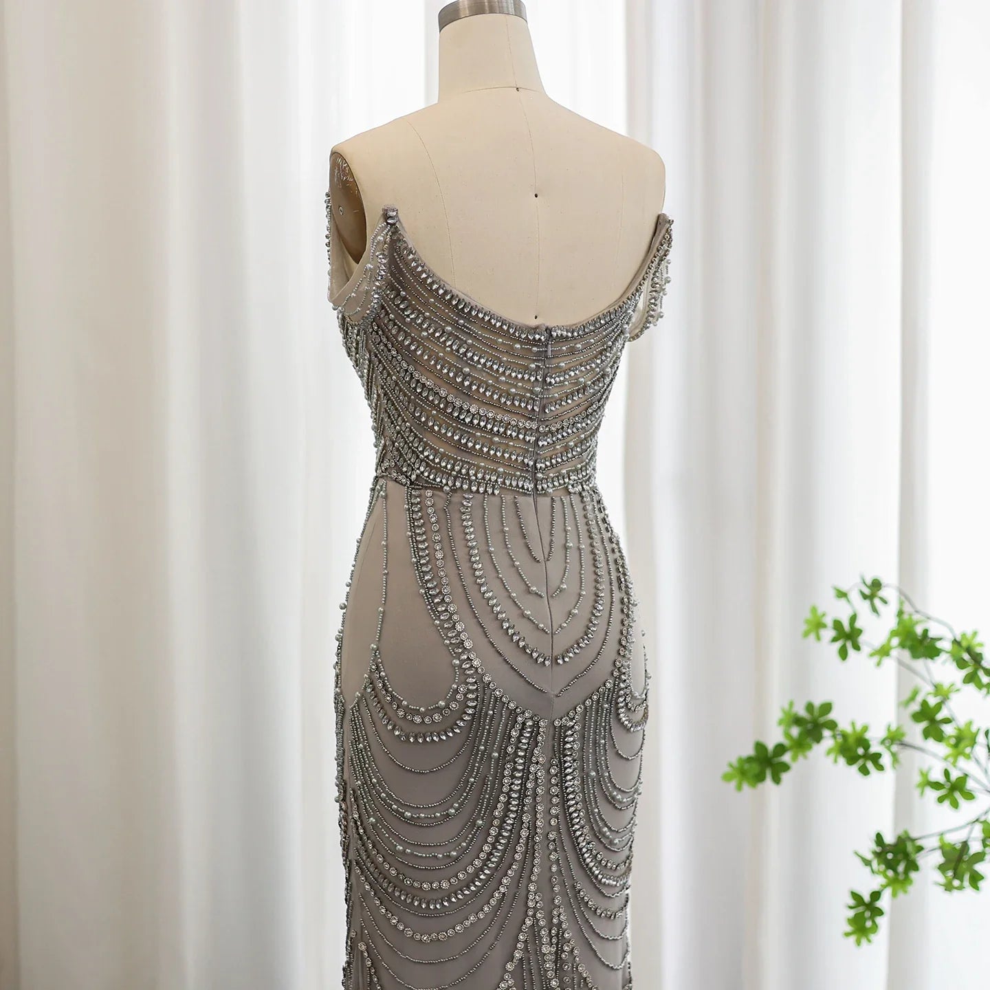 Silver Gray Crystal Mermaid Evening Gown