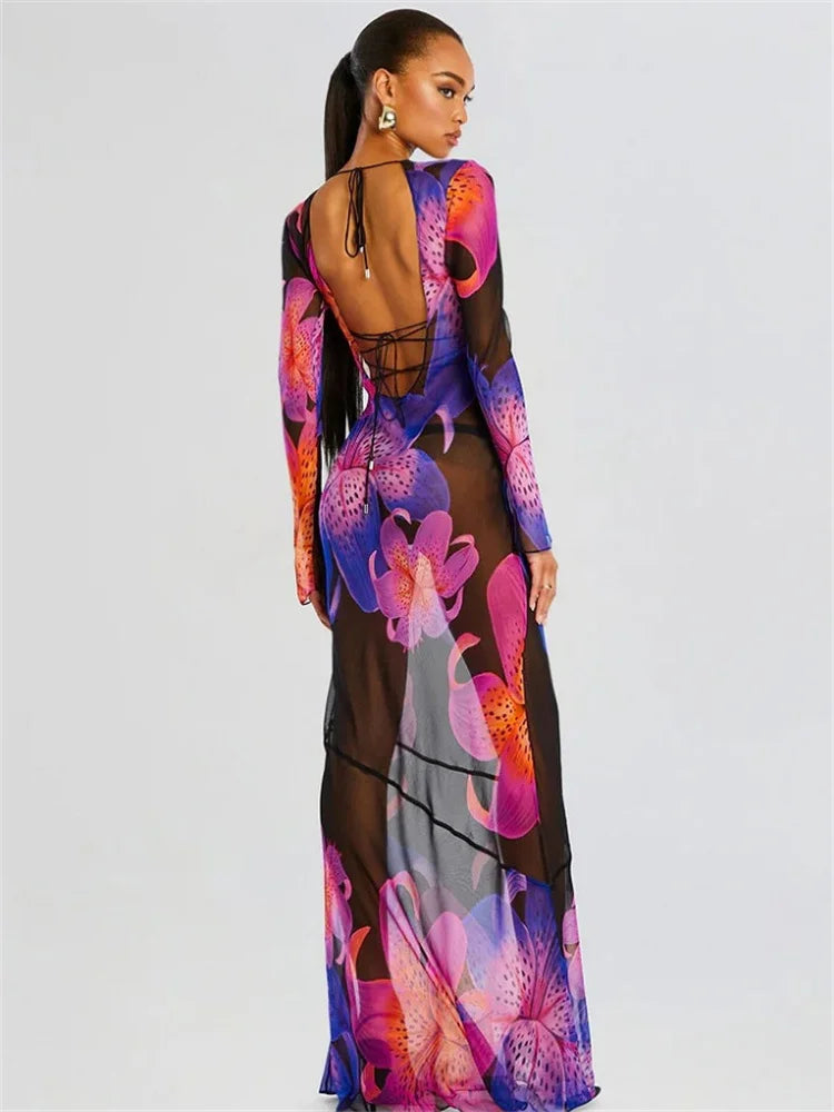 Chiffon Printed Backless Lace-Up Maxi Dress for Women