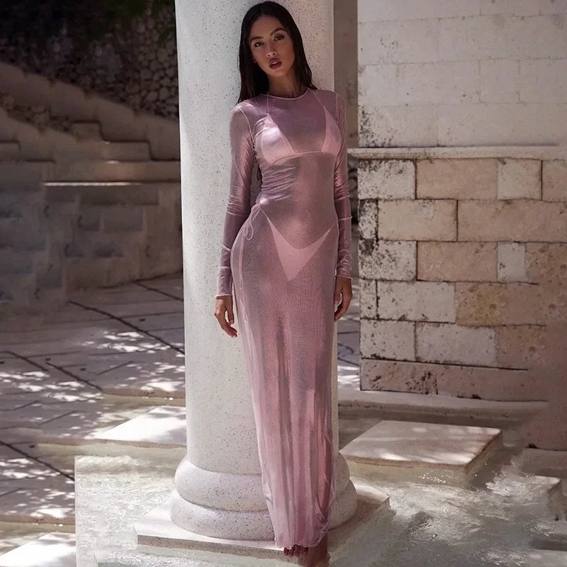 O-neck Full Sleeve Solid Color Mesh Dress