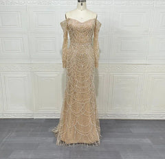 Mermaid Off the Shoulder Long Sleeves Pearls Formal Prom Gowns