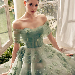 Sage Green 3D Flowers Evening Dress with Cape