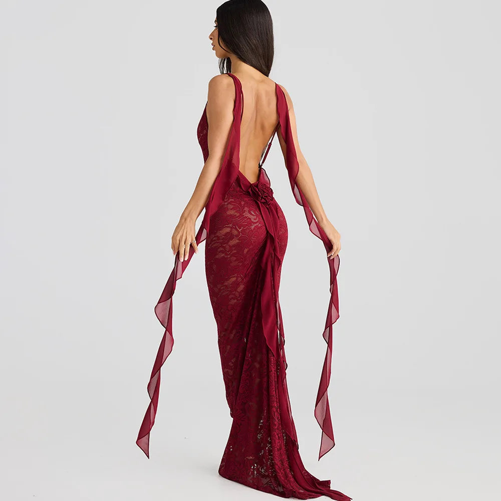 Lace Patchwork Backless Trailing Long Dress