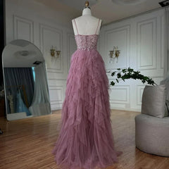 Pink Evening Gown Beaded Bodice and Layered Tulle Skirt