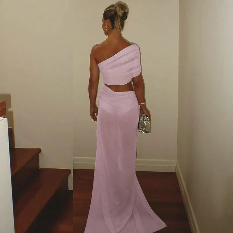 Mesh Backless One-Shoulder Long Dress